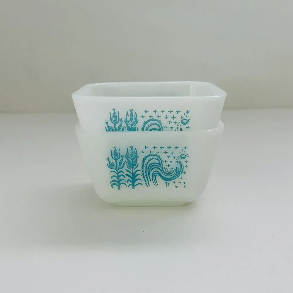 PYREX Amish Butterprint Teal Rooster & Corn 501 Refrigerator Dish, Set of 2